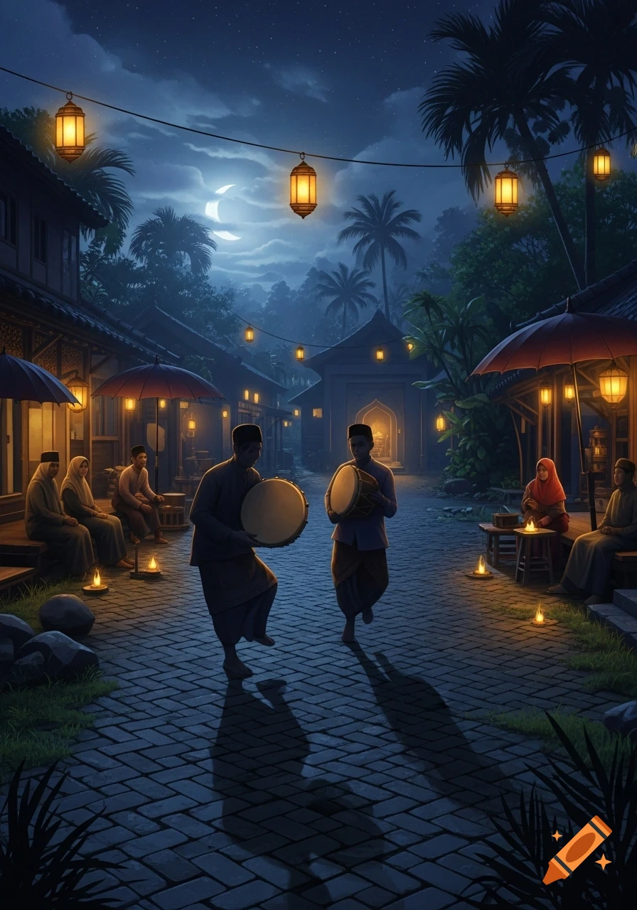 A vibrant nighttime scene in a village street, with two men playing drums under a crescent moon and glowing lanterns, while people gather.