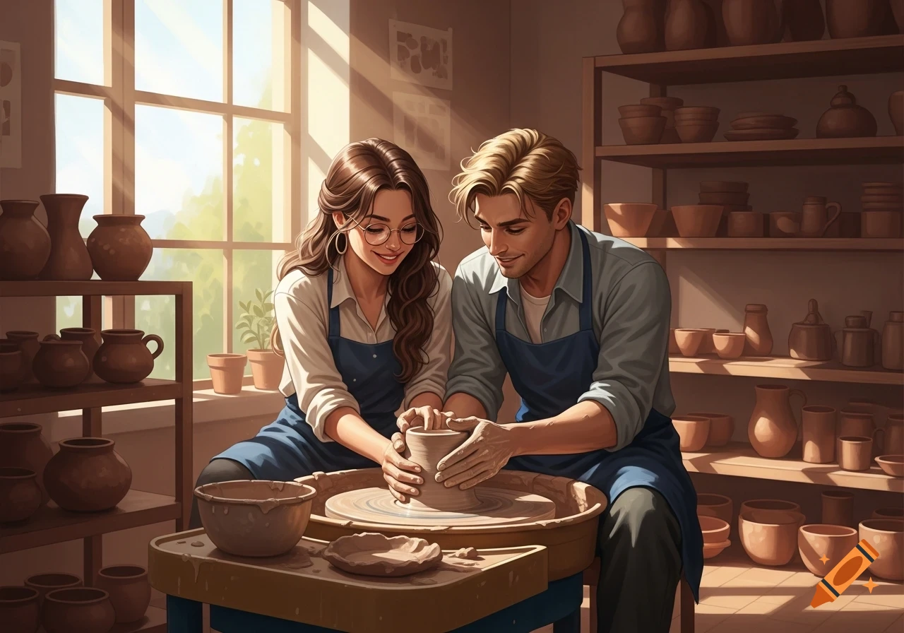 A couple, a woman with brown hair and glasses and a man with blond hair, work together on a pottery wheel in a sunlit studio.