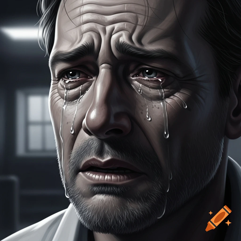 A close-up digital illustration of a man with a beard crying intensely, tears streaming down his face, depicting deep sadness.