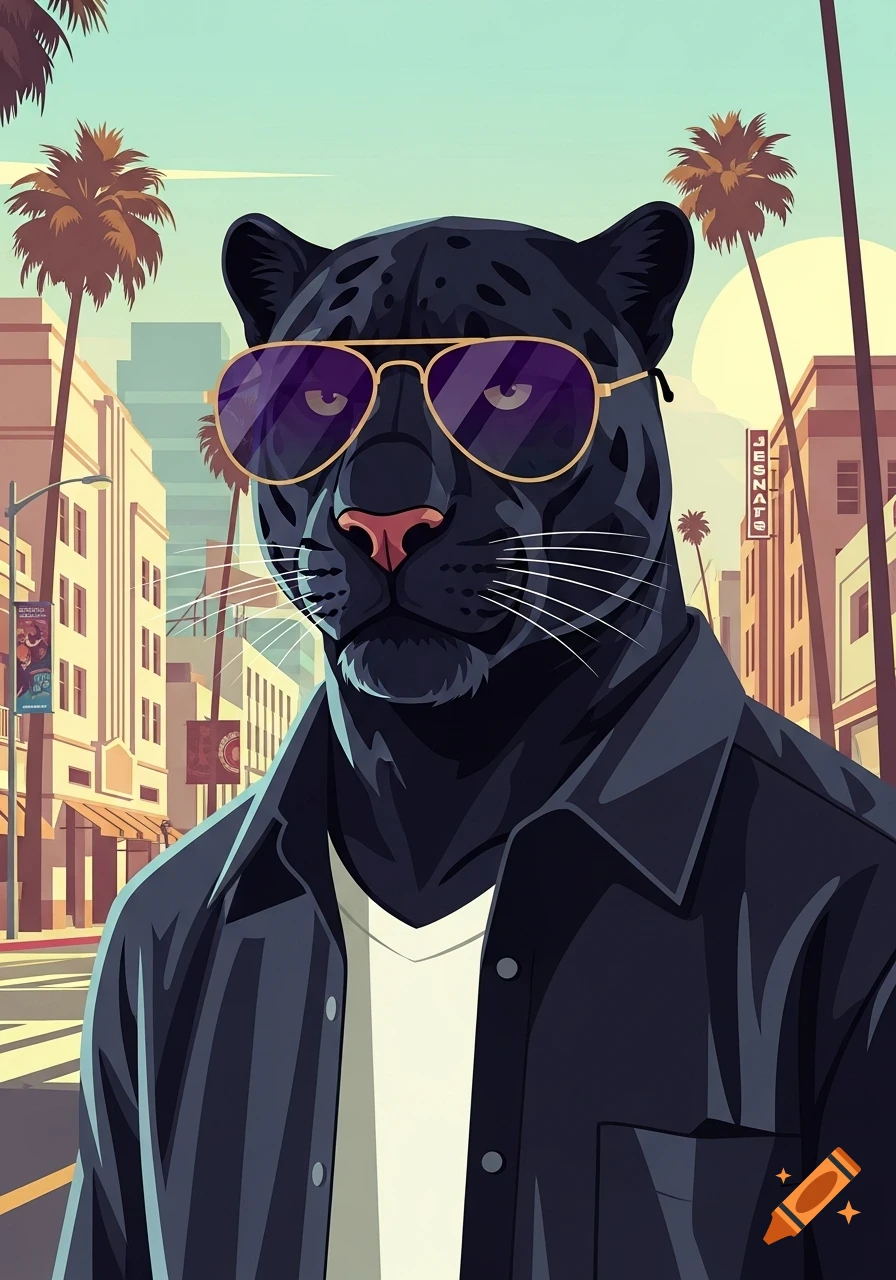 A stylized black panther wearing sunglasses and a black shirt stands in a sunny city street with palm trees and buildings, in a flat vector art style.