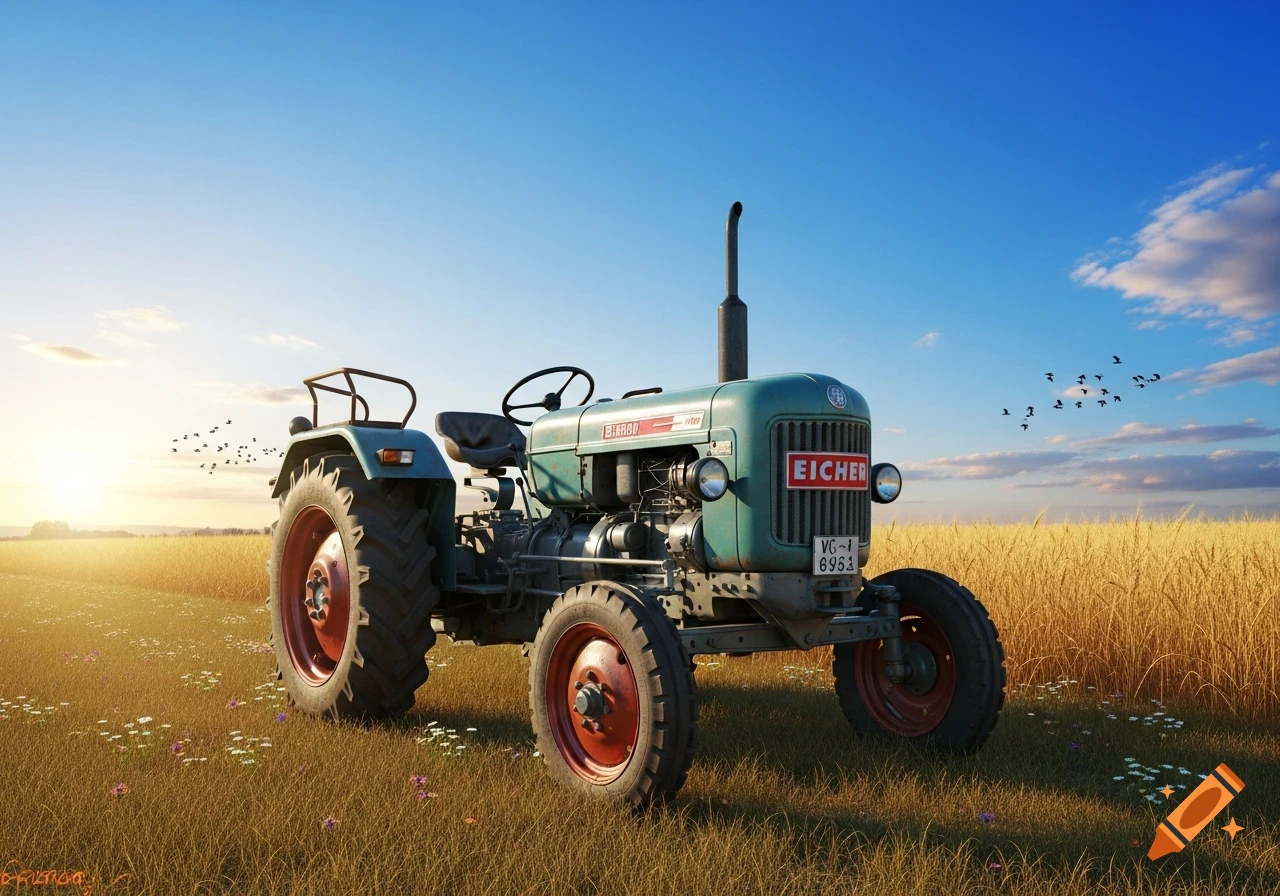 A vintage blue-green Eicher tractor with red wheels sits in a golden field under a clear blue sky, with birds flying.