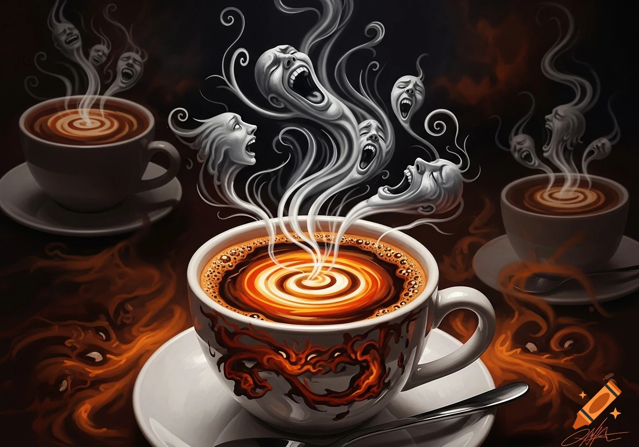 Dark fantasy illustration of coffee in a cup with steam forming screaming ghostly faces and a dragon design.