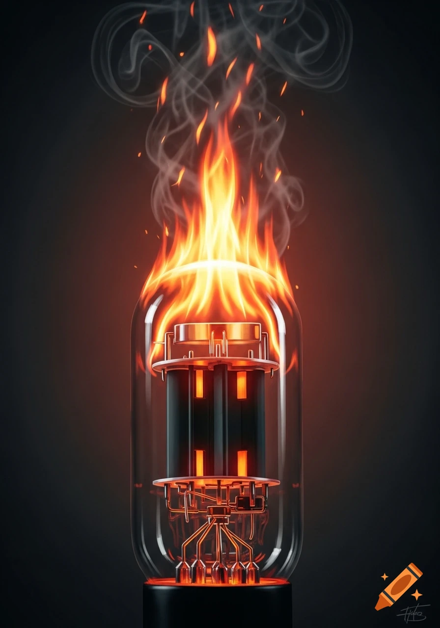 A stylized glowing vacuum tube, resembling a radio tube, is engulfed in vibrant orange flames and white smoke against a dark background.