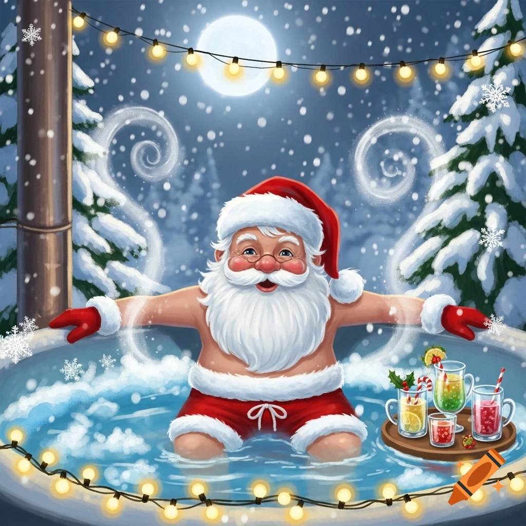 Cartoon Santa Claus soaking in a hot tub in a snowy winter wonderland under a full moon and Christmas lights.