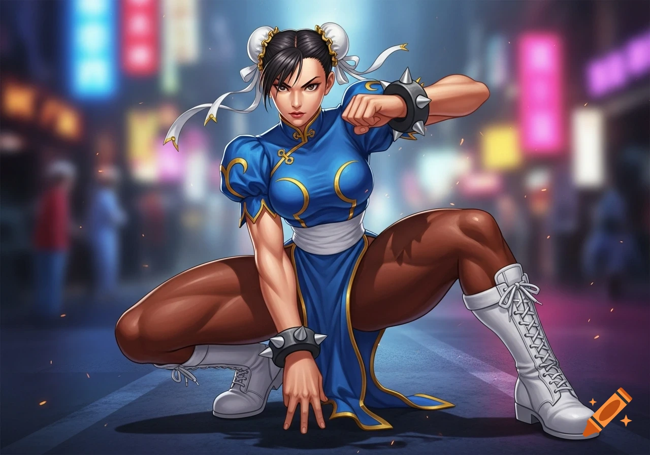 Chun-Li in a blue qipao and white boots, squatting in a dynamic pose on a city street at night, in an illustrative style.
