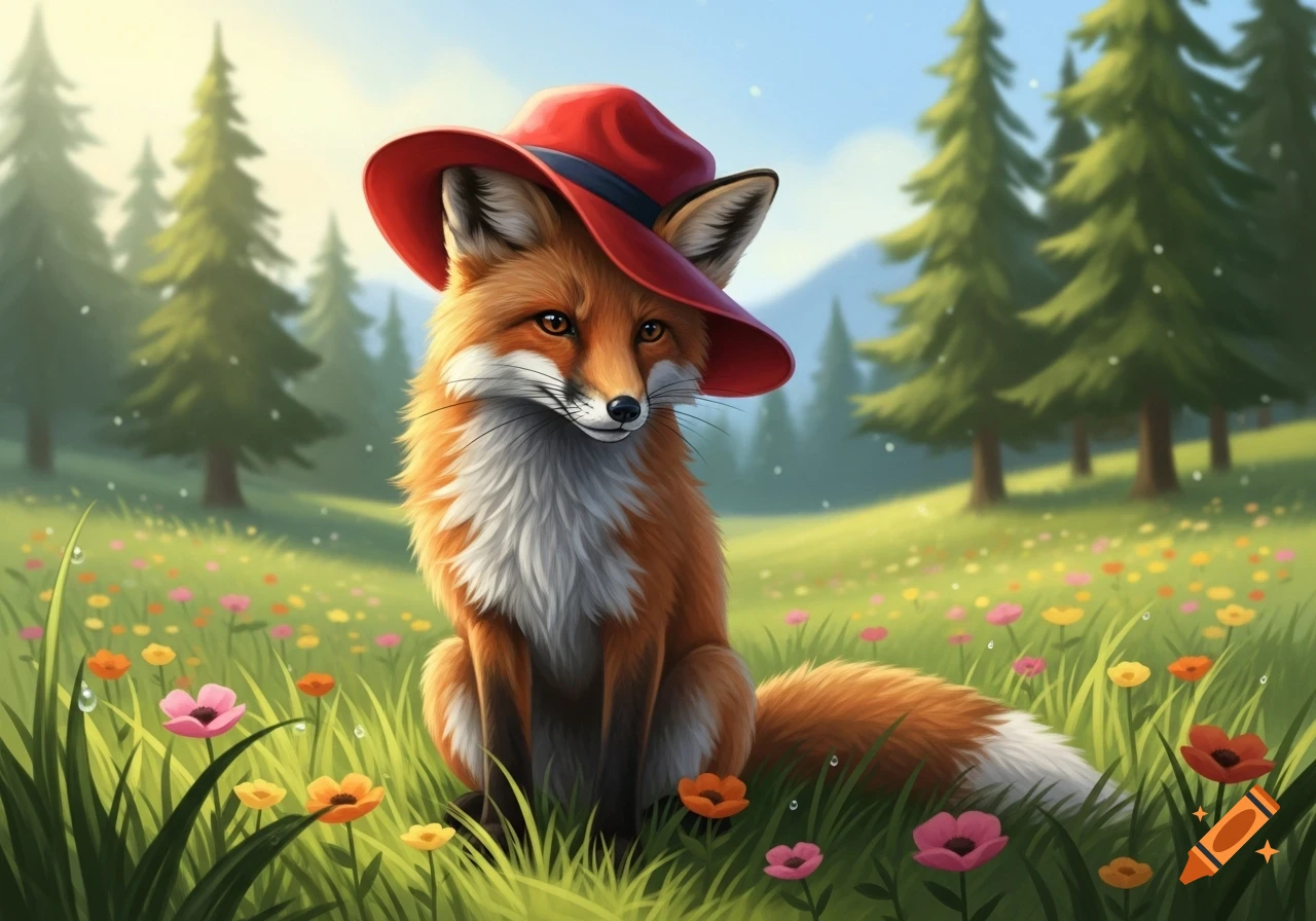 A cute fox in a red hat sits in a vibrant green meadow with colorful flowers and pine trees, illustrated.