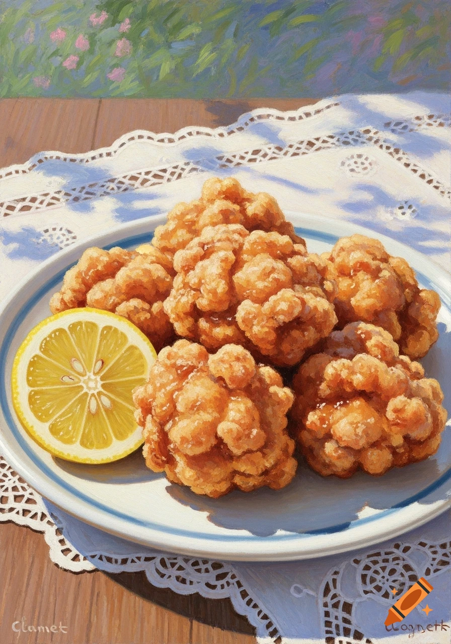 Monet-style painting of karaage chicken and a lemon slice on a white doily, with a garden background.