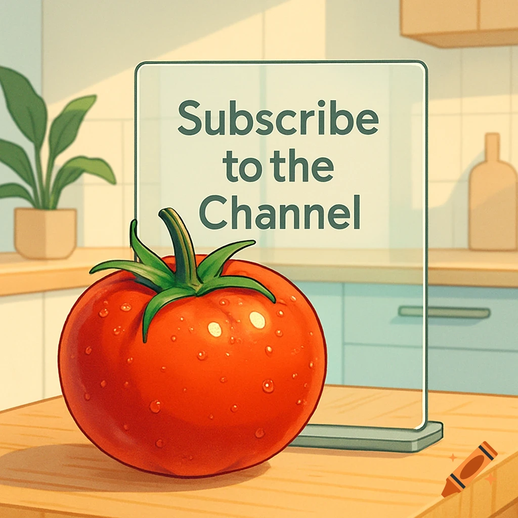 A cartoon tomato sits on a wooden counter in a kitchen, in front of a translucent sign reading 'Subscribe to the Channel'.