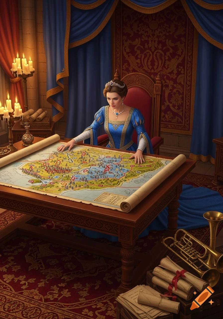 A queen in a blue gown intently studies a large battle map on a table in a richly decorated room, lit by candles.
