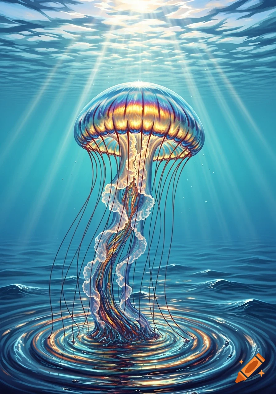A vibrant, iridescent jellyfish with long colorful tentacles in a surreal underwater scene with sun rays and glowing water ripples.