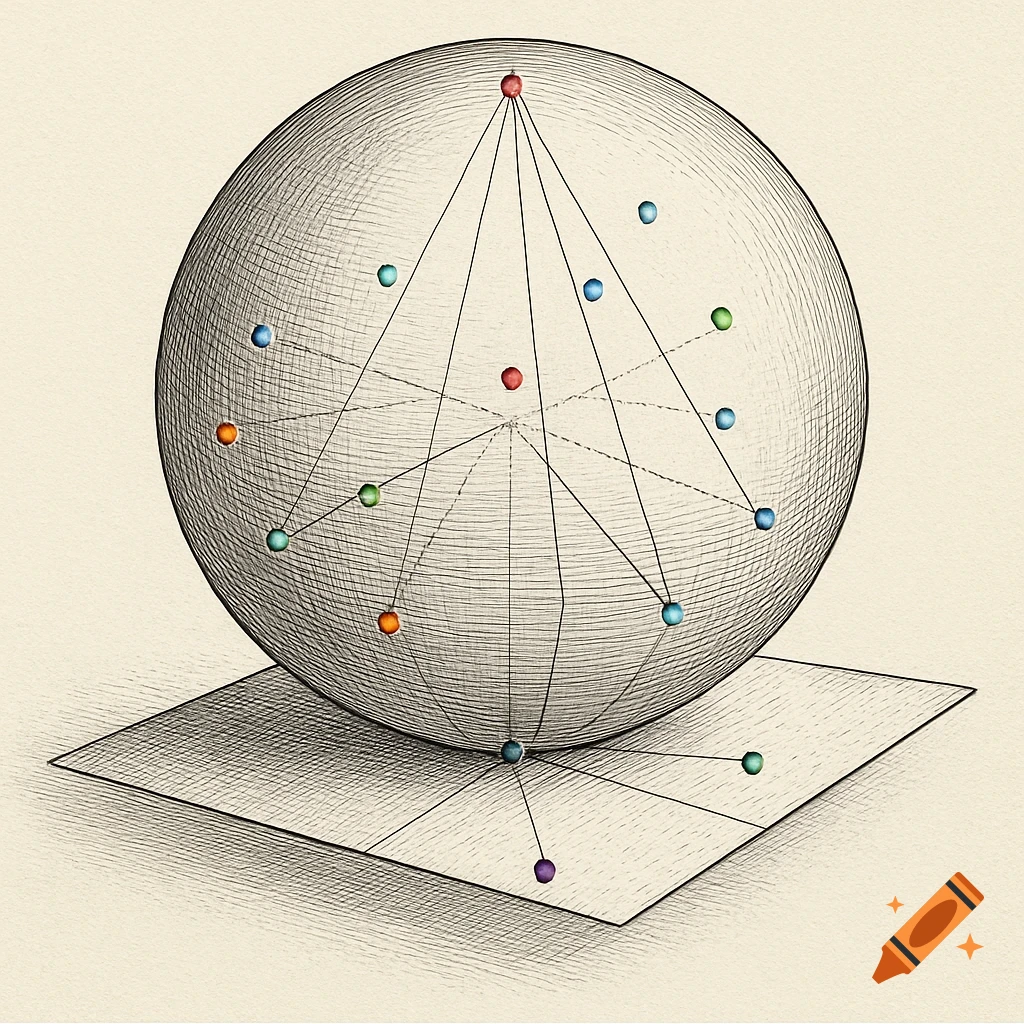 A detailed scientific illustration of a sphere with multiple colored points connected by lines, resting on a tangent plane.