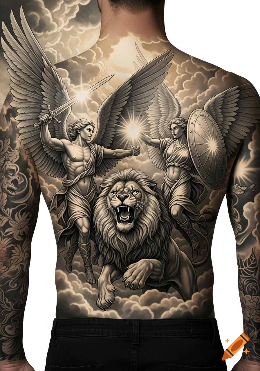A detailed black and white tattoo covering a man's back, depicting two winged angels, one with a sword and the other with a shield, standing with a roaring lion amidst clouds.