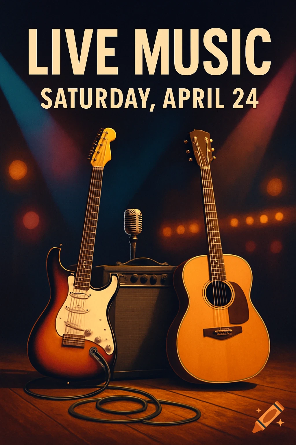 A flyer for a live music event featuring an electric guitar, acoustic guitar, microphone, and amplifier on a stage with spotlights, reading "LIVE MUSIC SATURDAY, APRIL 24".
