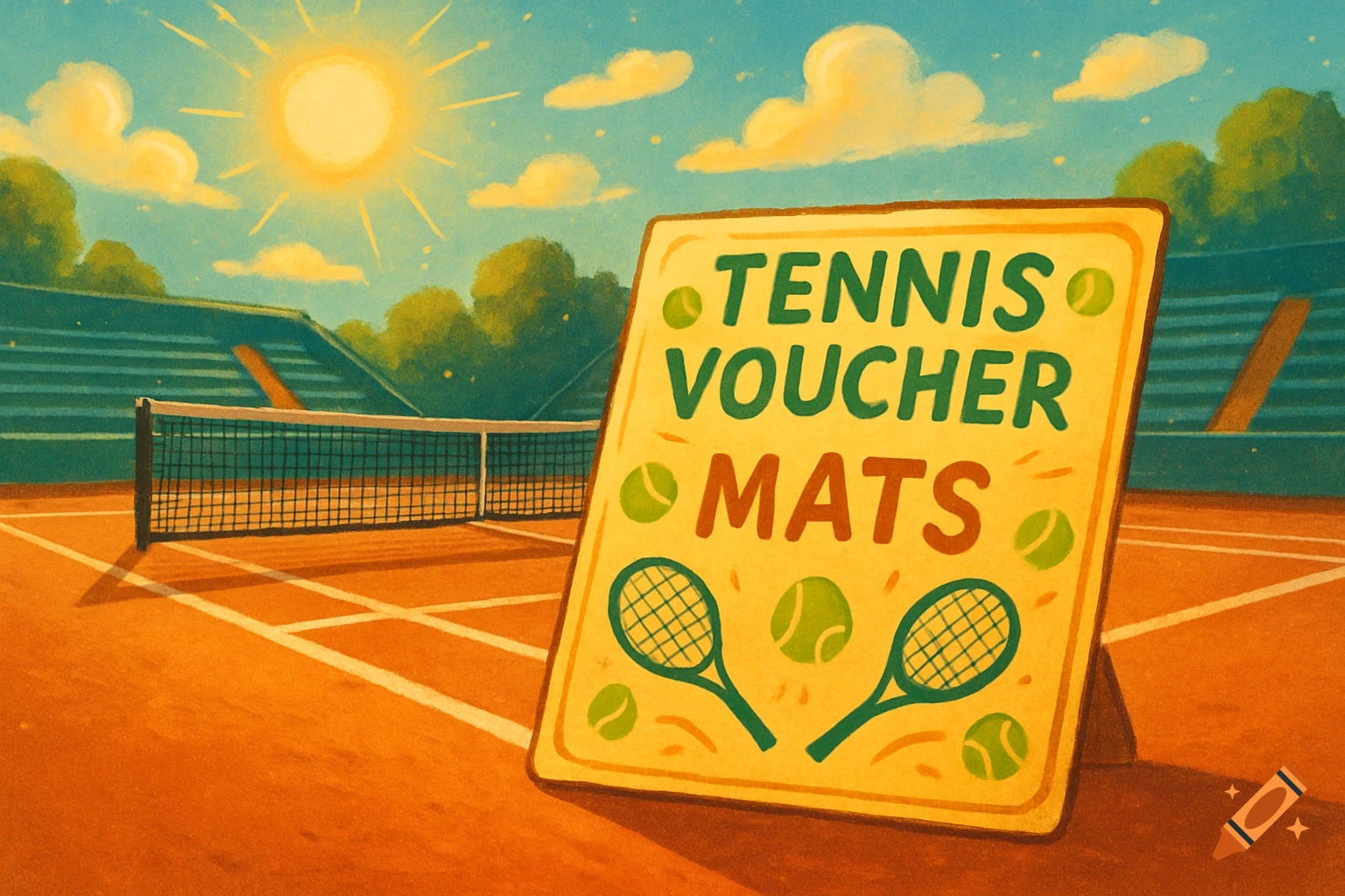 Vibrant illustration of a sunny tennis court with a net, stadium, and a sign reading 'TENNIS VOUCHER MATS' with rackets and balls.