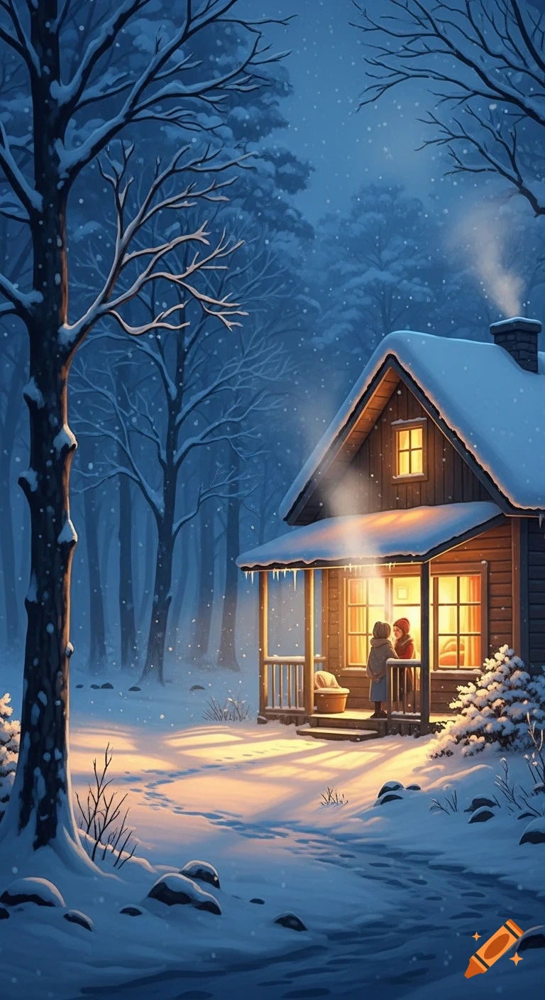 A snow-covered wooden cabin with warm glowing windows and two figures on the porch stands in a serene winter forest at twilight, painted style.