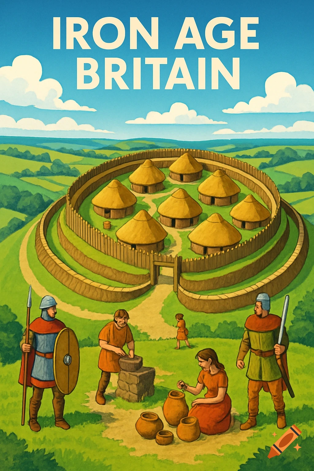 A stylized educational poster illustrating an Iron Age British hillfort with roundhouses and working people in a green landscape.
