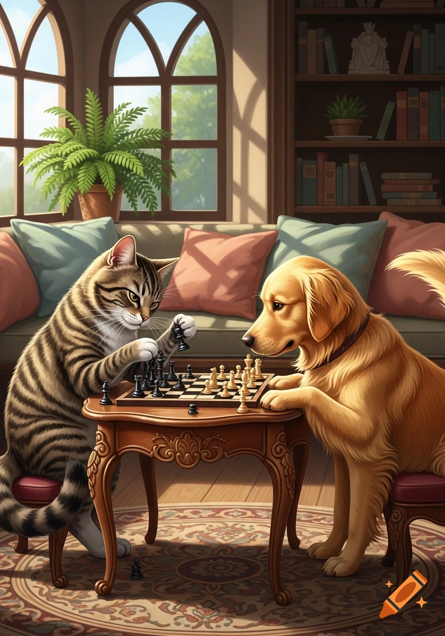 A tabby cat and a golden retriever play chess at a carved wooden table in a sunlit room.