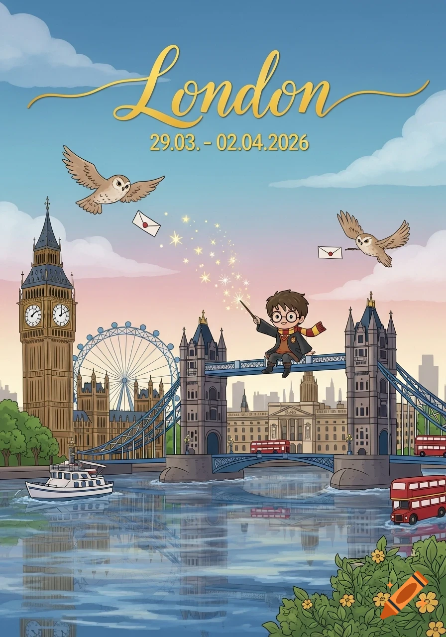 Cartoon illustration of Harry Potter flying over London landmarks like Big Ben and Tower Bridge, with owls and text reading 'London 29.03. - 02.04.2026'.