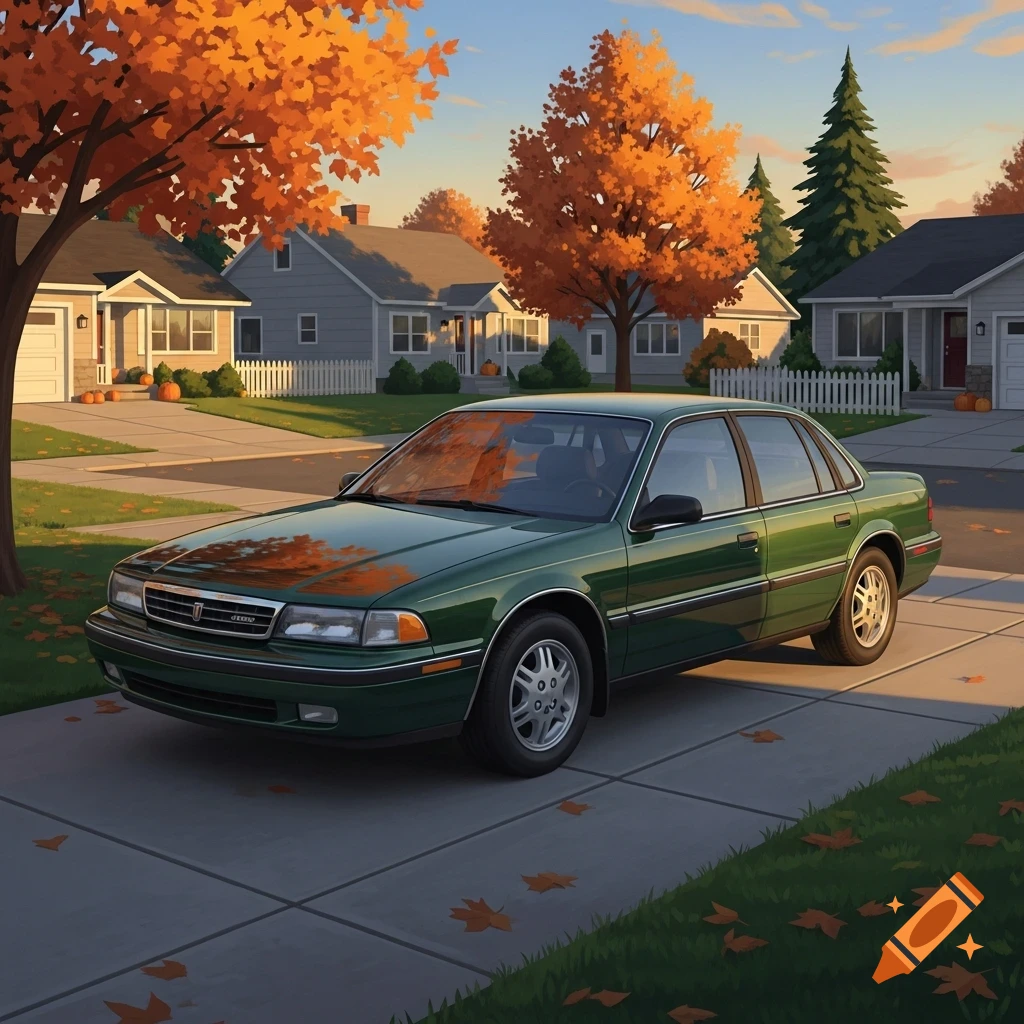 A green 90s sedan parked on a driveway in a suburban neighborhood with autumn trees and fallen leaves.