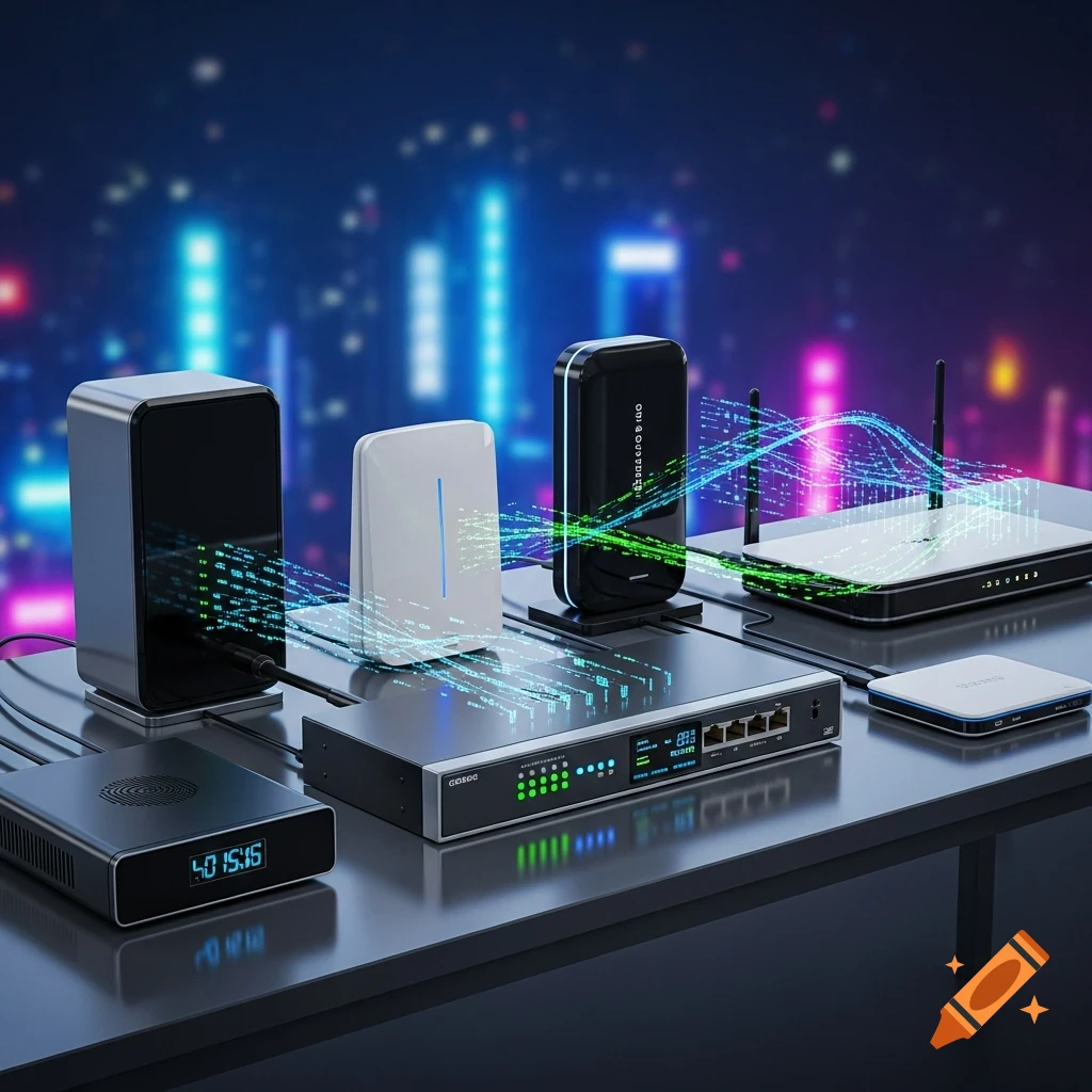 A close-up shot of various modern black and white networking devices, including routers, modems, and a switch, on a dark table with data streams flowing between them, against a blurry background of city lights.