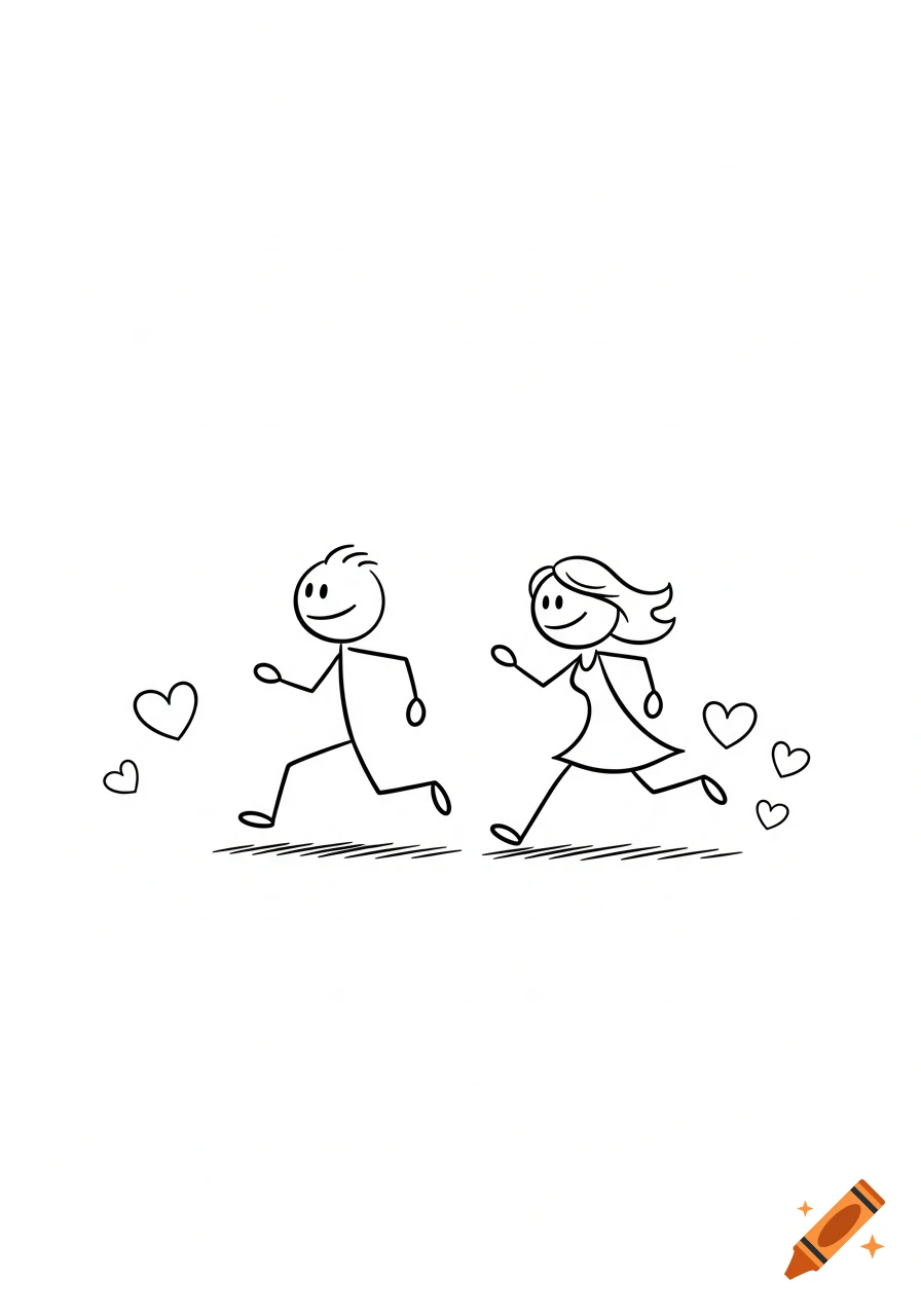 Simple line drawing of a stick figure man chasing a stick figure woman with cartoon hearts wafting behind them.