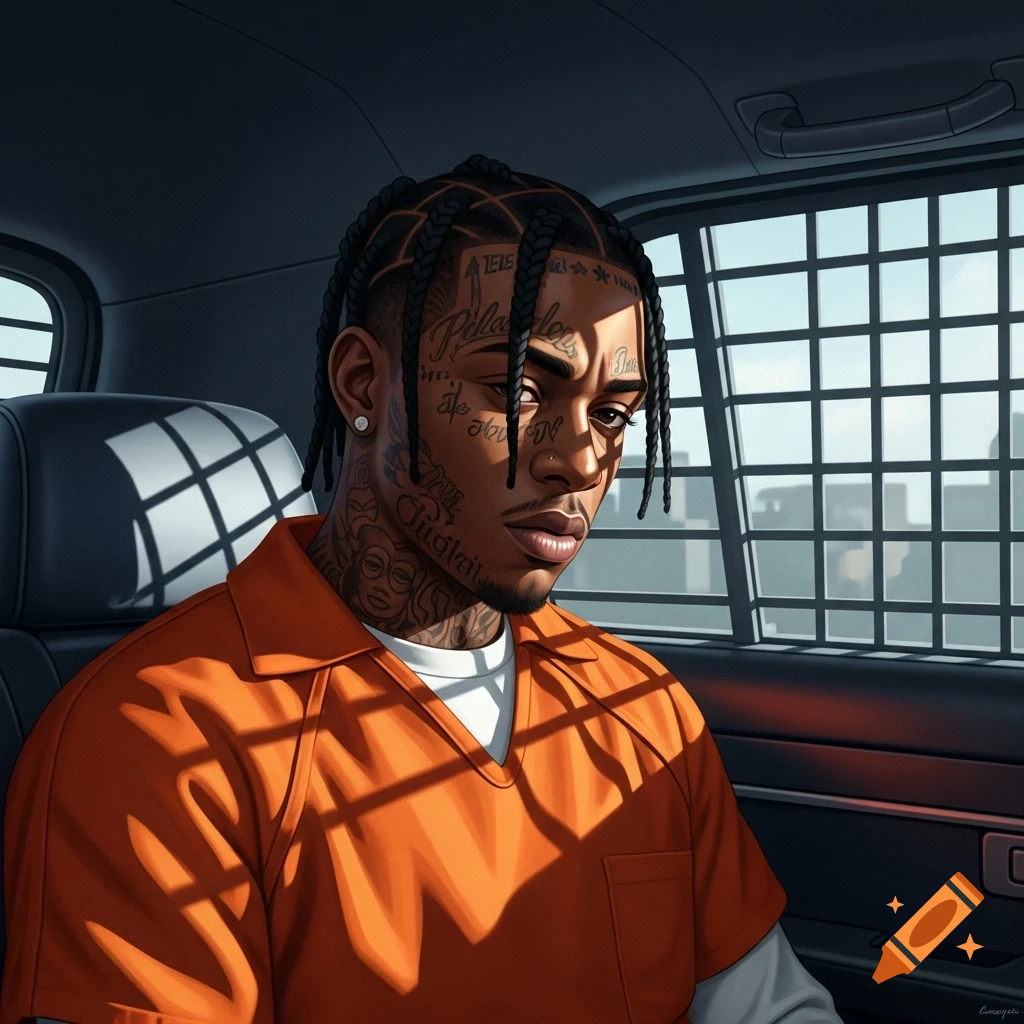 A stylized portrait of a Black man with dreadlocks and numerous tattoos on his face and neck, wearing an orange jail suit, sitting in a police car with barred windows.