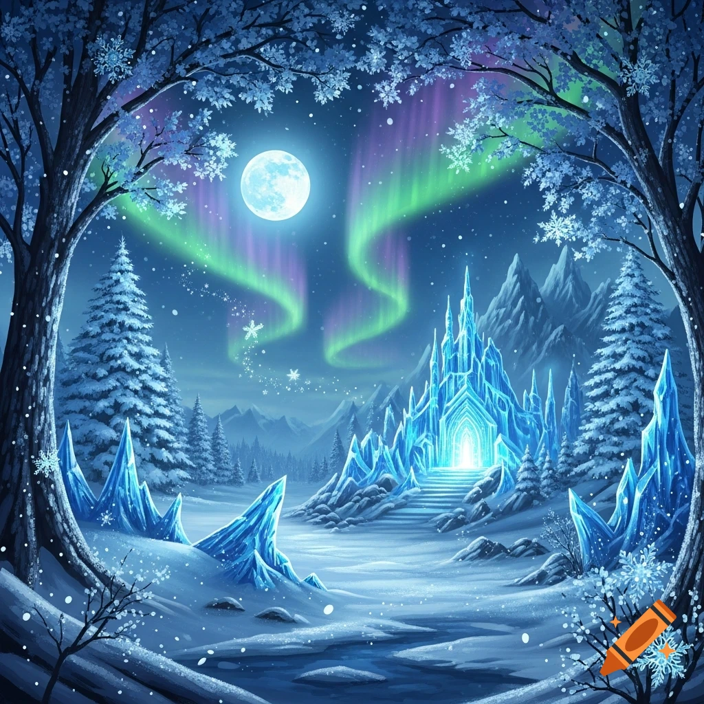A fantasy winter landscape at night featuring a glowing ice castle, snow-covered trees, jagged ice, a full moon, and green and purple aurora borealis.