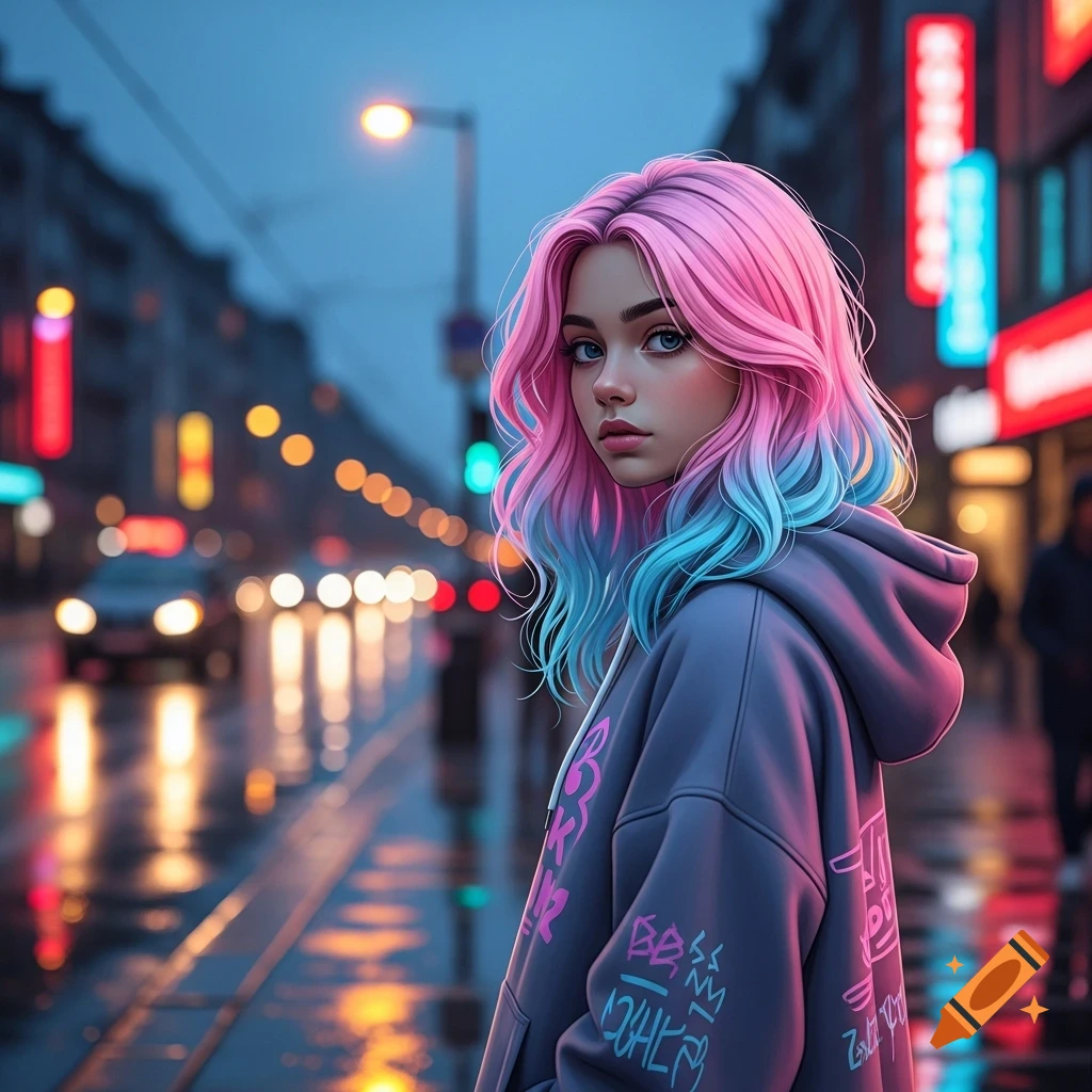 Stylized illustration of a girl with vibrant pink and blue hair in a grey hoodie, on a wet city street at dusk with blurred neon lights.
