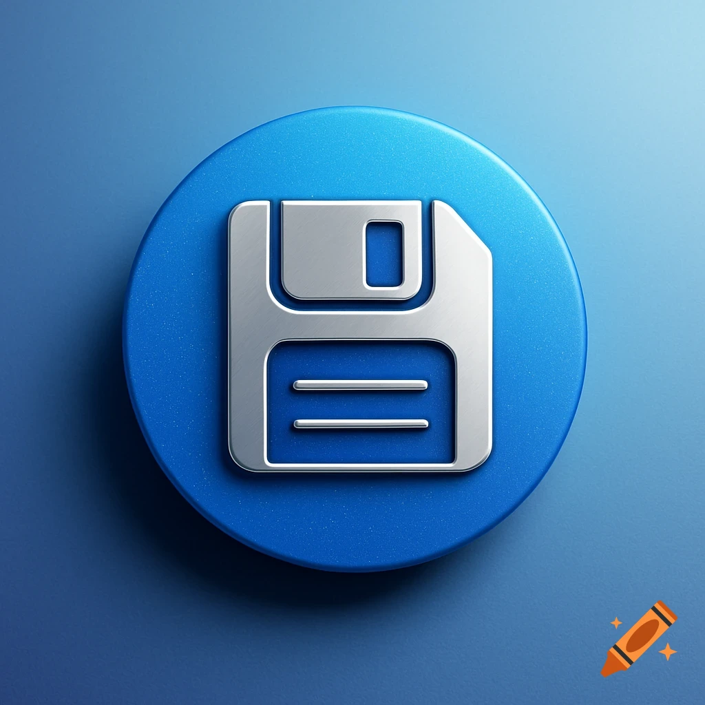 A metallic silver floppy disk save icon on a textured blue circular button, set against a blue background.