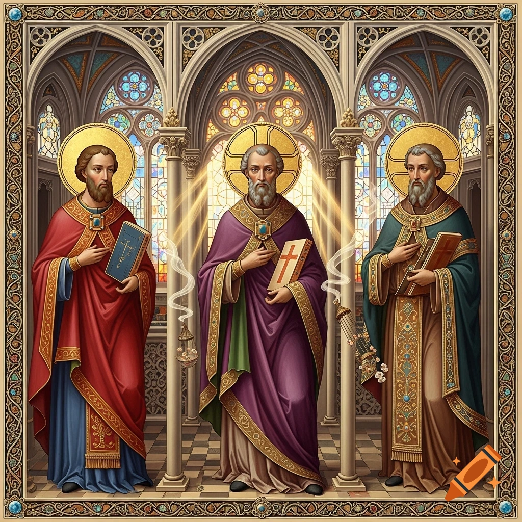 Three medieval English style saints with halos and books in a cathedral setting with stained glass windows.