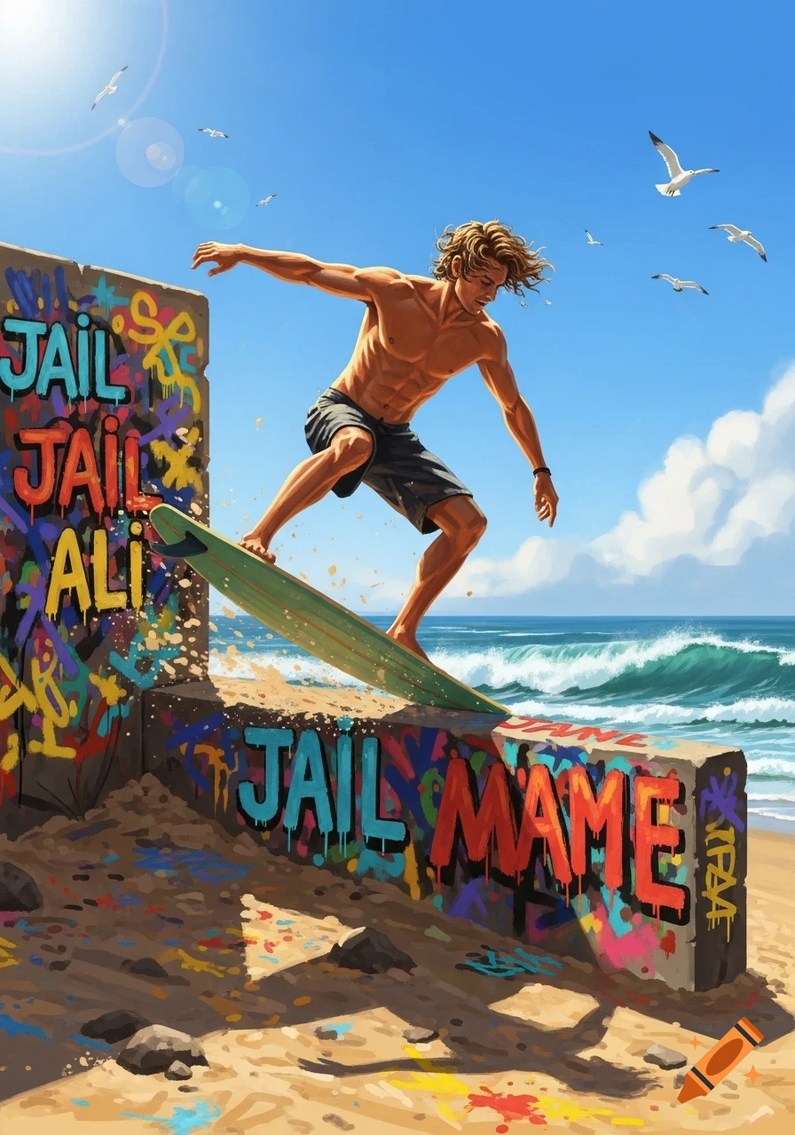 A stylized illustration of a surfer balancing a board on a graffiti-covered concrete wall at a sunny beach, with ocean waves and seagulls in the background.