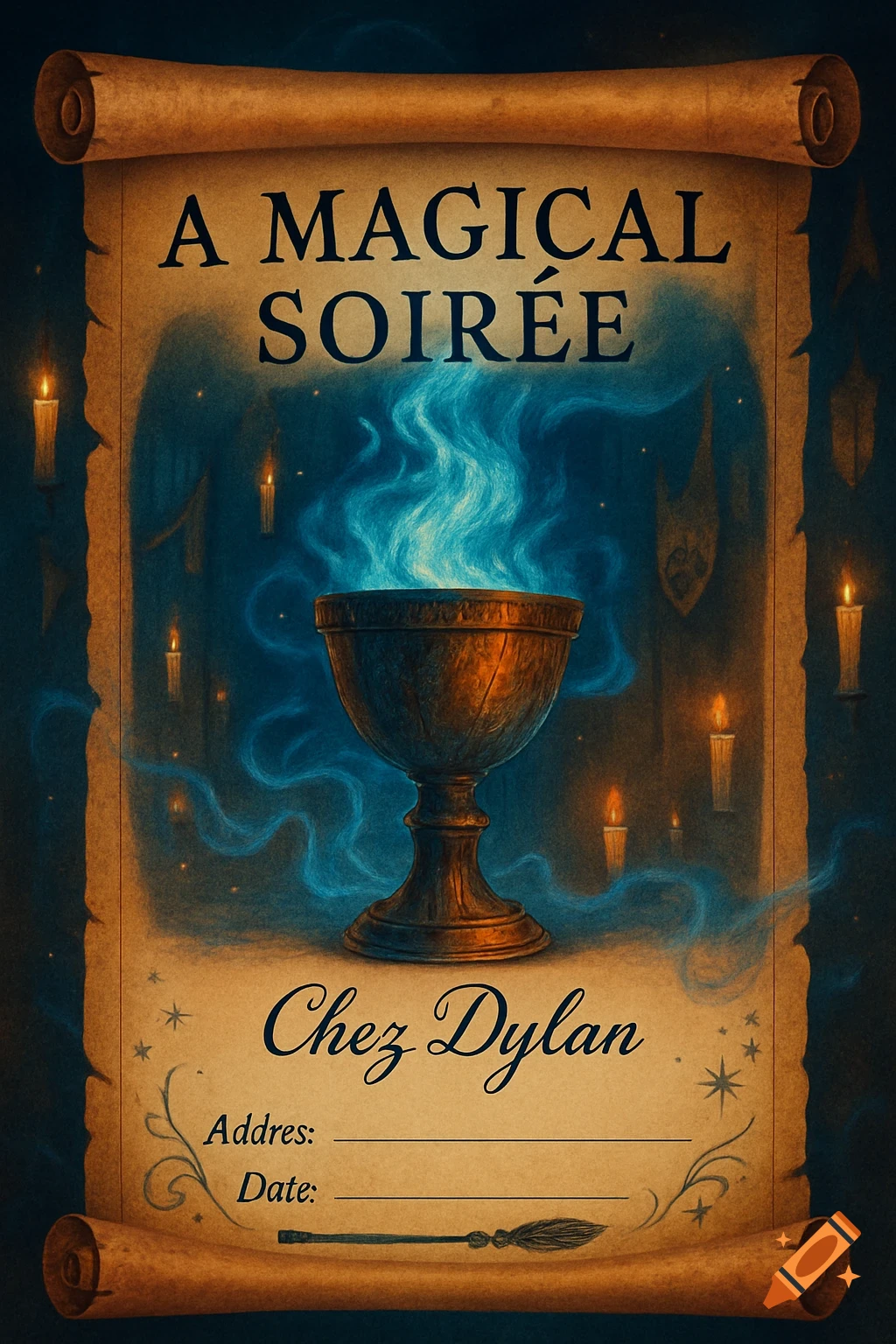 A magical party invitation on an old scroll, featuring a goblet emitting blue flames, surrounded by candles and starry dust on a dark blue background.