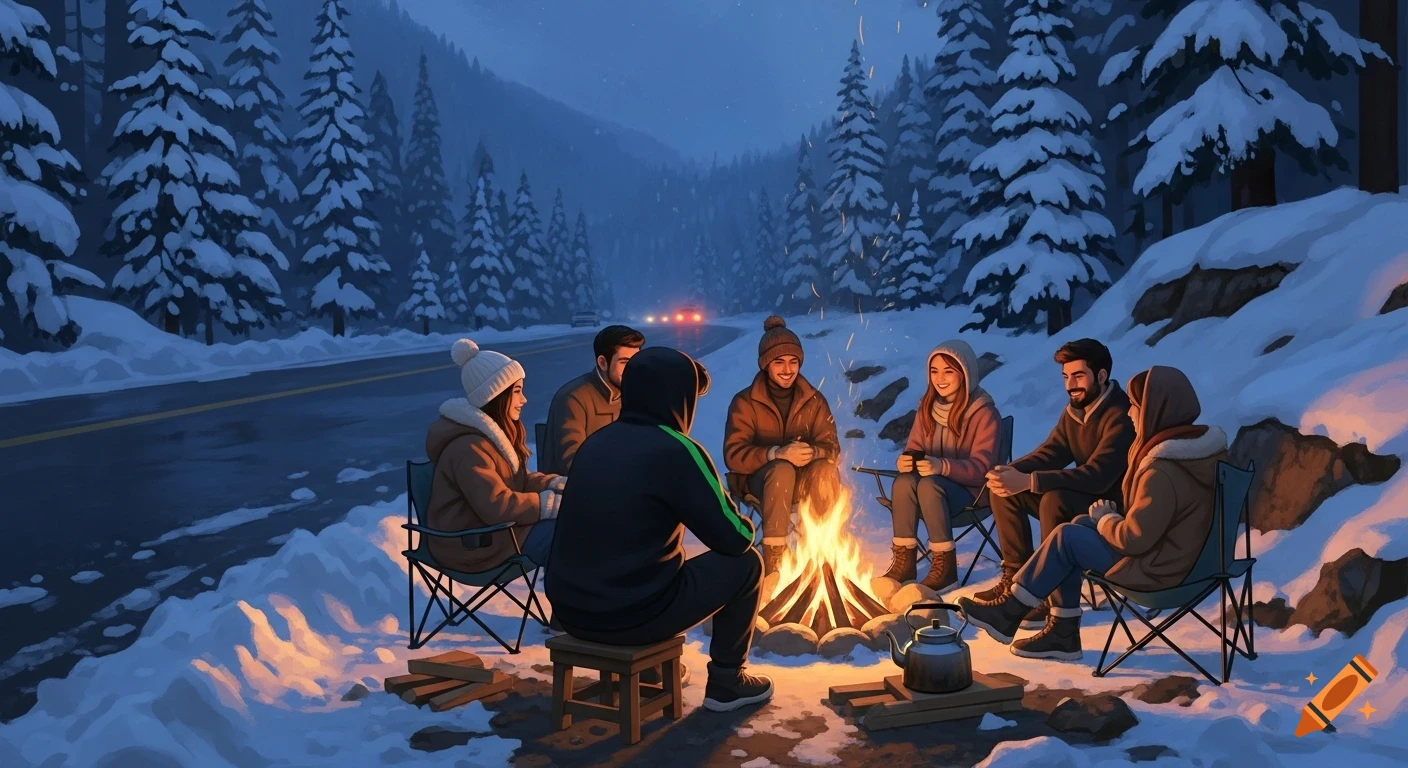 Impressionistic digital painting of six friends gathered around a bonfire in a snowy forest at twilight, with a wet road nearby.