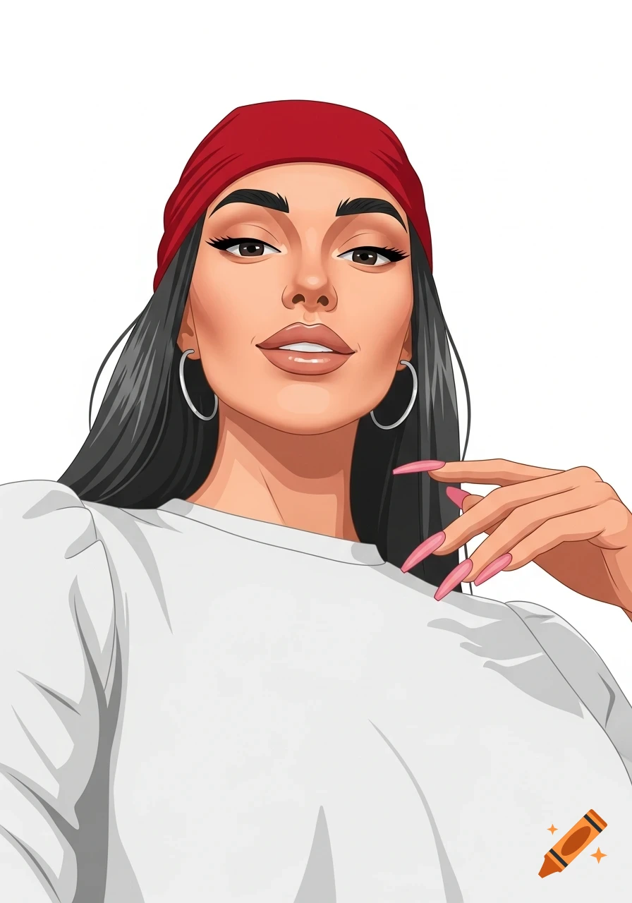 Vector illustration portrait of a woman with a red bandana, white shirt, and long pink nails, looking up at the camera.