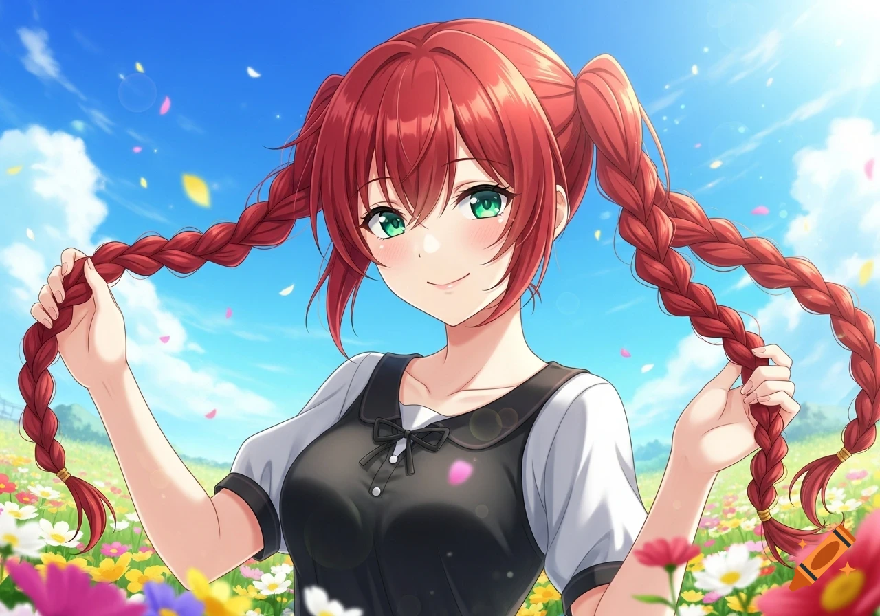 Anime girl with red braided pigtails and green eyes smiling in a vibrant flower field under a blue sky.