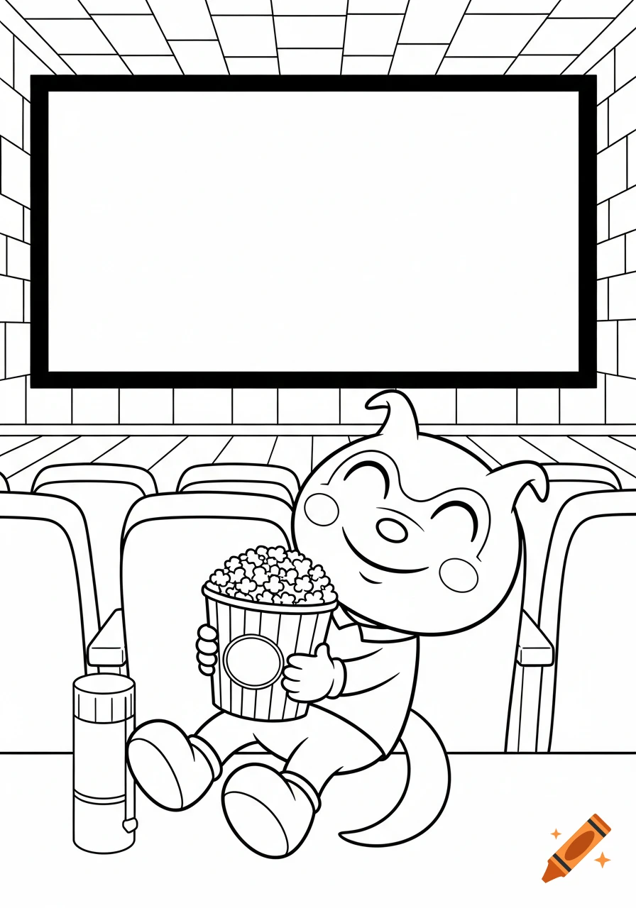 Black and white coloring page of a cartoon character sitting in a cinema seat, holding a bucket of popcorn, with a blank screen.