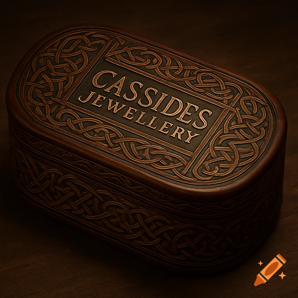 A dark brown oblong keepsake box adorned with intricate bronze Celtic knot patterns and 'CASSIDES JEWELLERY' embossed on the lid.