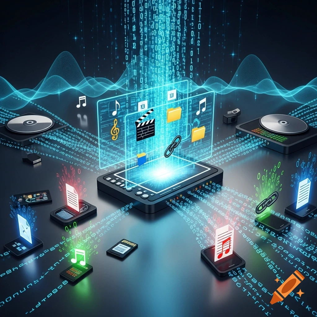 Digital interface showing data streams flowing from various storage devices like CDs, memory cards, and files, to a central digital screen, symbolizing file recovery. Icons for music, movies, and documents are visible in a glowing blue and black abstract setting.