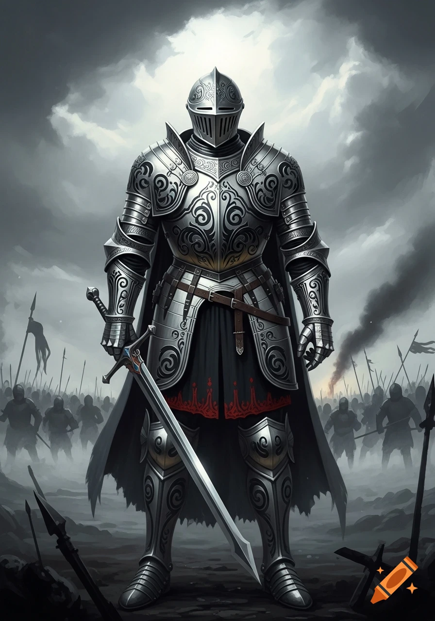 A heavily armored knight wielding a longsword stands on a battlefield, with an army and smoke in the cloudy background.