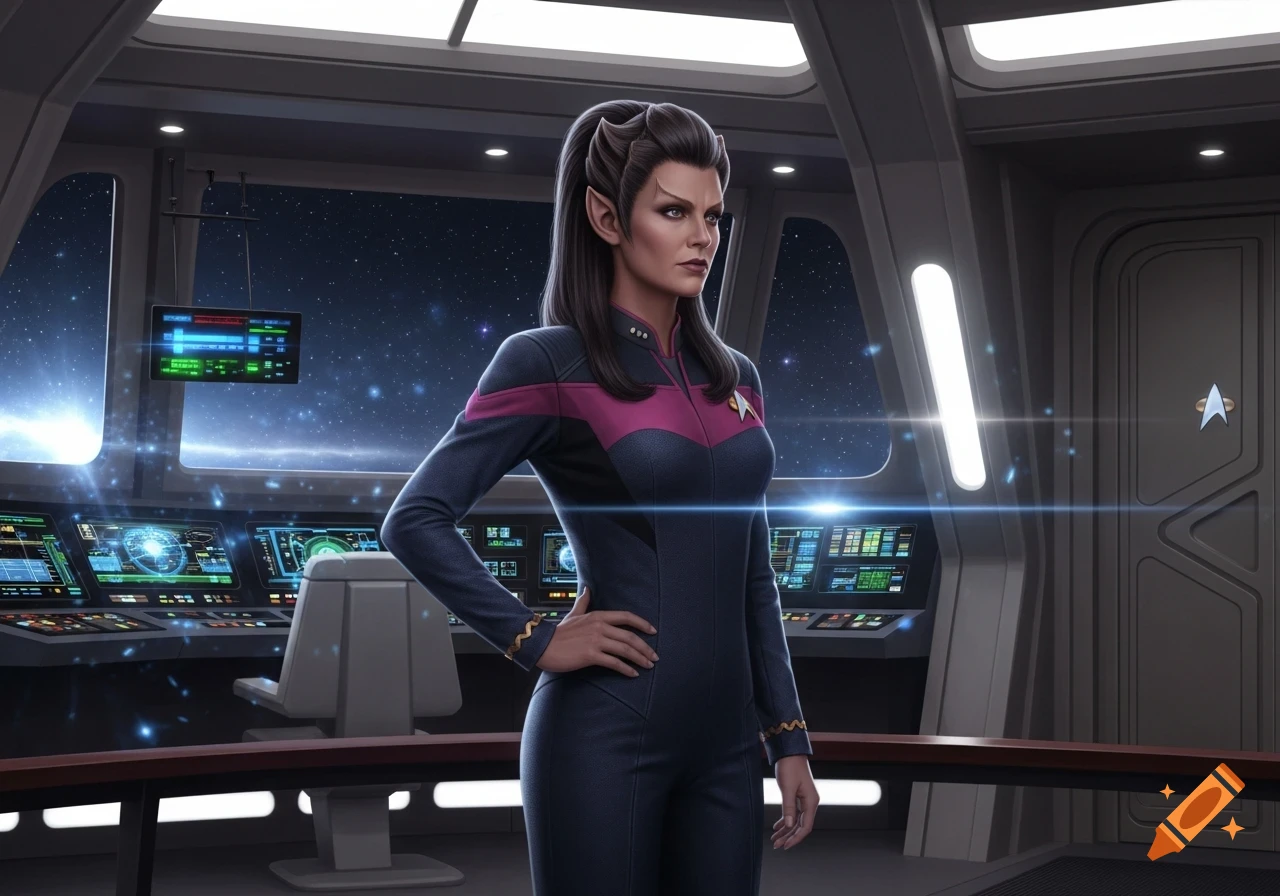 Digital illustration of a female character with pointed ears in a Starfleet-like uniform on a futuristic spaceship bridge.