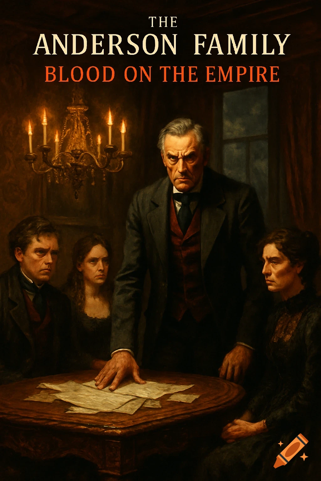 A dramatic oil painting of four people in historical attire; a stern man stands over a table with papers, surrounded by a solemn family. Text reads "The Anderson Family: Blood on the Empire"