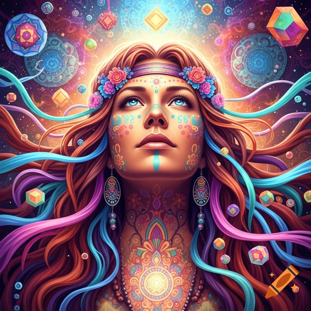 Vibrant psychedelic portrait of a woman with colorful hair, intricate face paint, looking upwards amidst glowing geometric patterns.