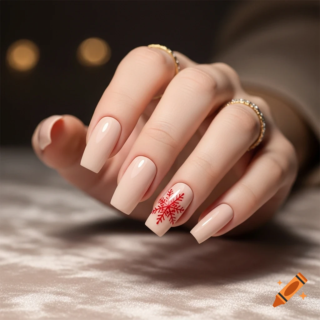 Close-up of a hand with natural-colored coffin nails, one featuring a red snowflake design.