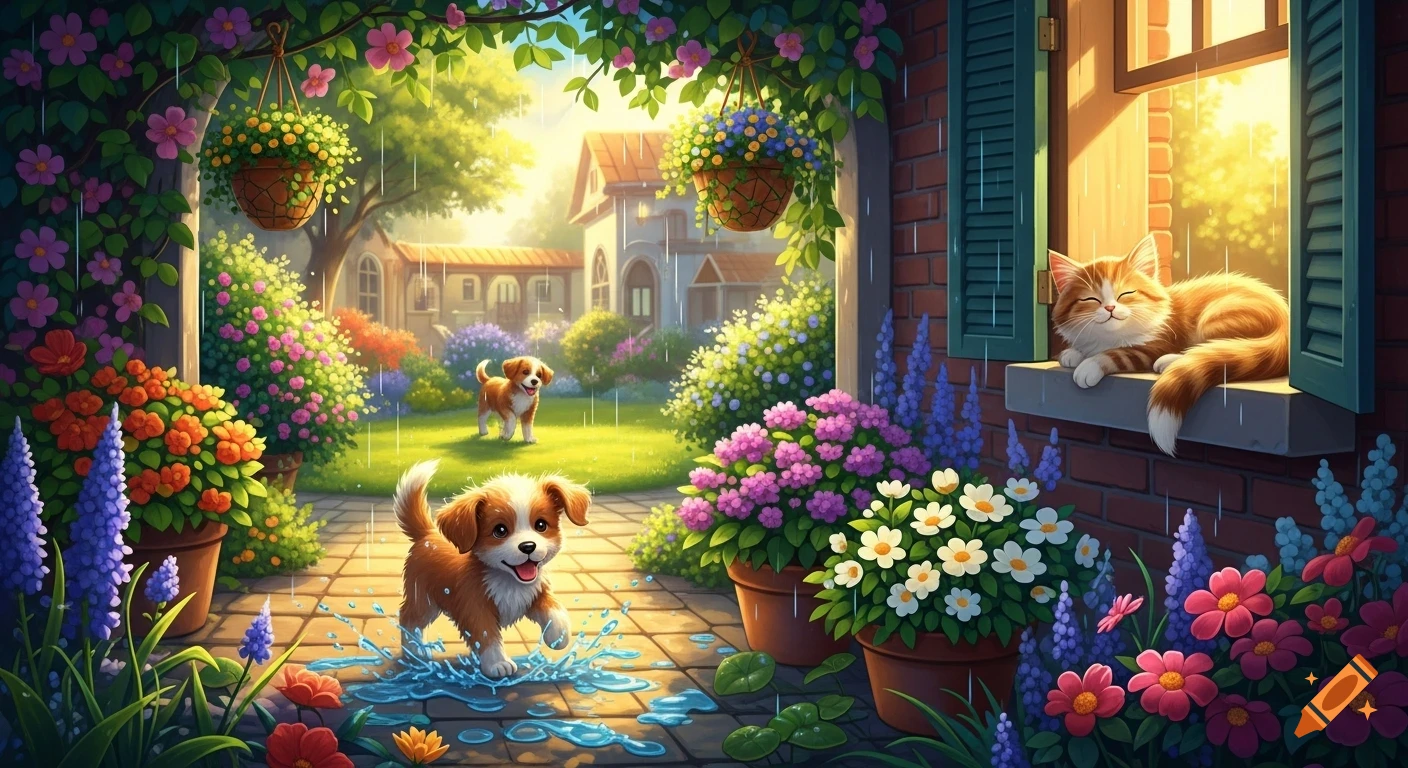 Two playful puppies splash in puddles in a vibrant, rainy garden while a content tabby cat naps on a window sill of a brick house, cartoon fairytale style.