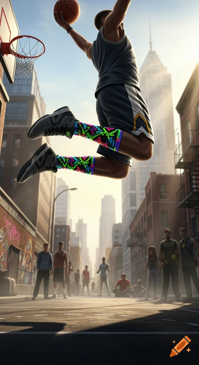 A basketball player mid-air, about to dunk, wearing vibrant patterned socks, on a sunny city street with onlookers.