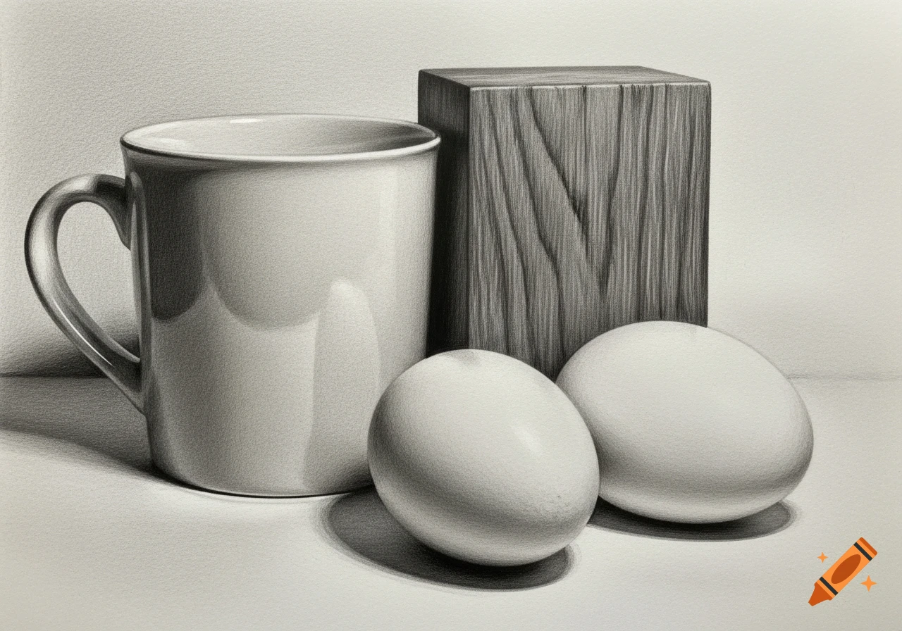 A realistic graphite pencil drawing of a white mug, a textured wooden block, and two white eggs on a light surface.
