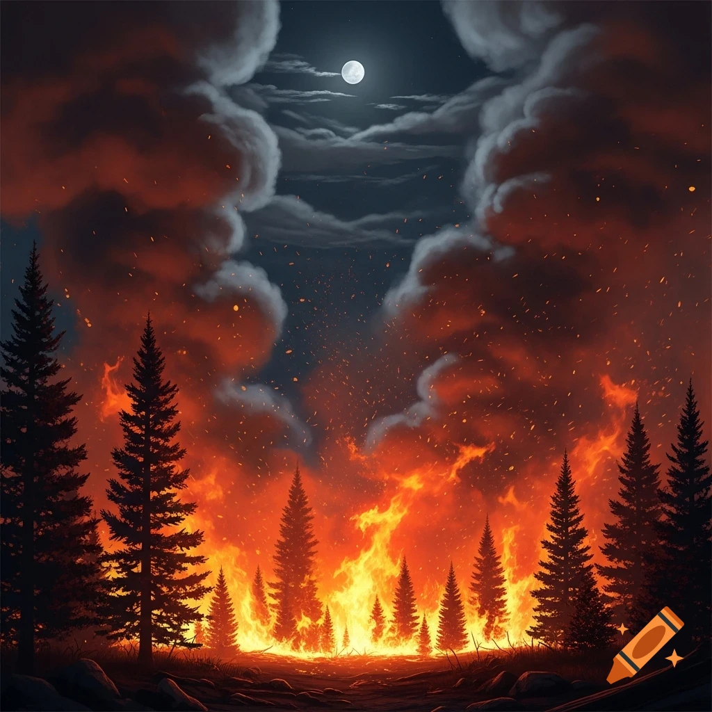 An intense forest fire rages at night, with towering orange flames and smoke engulfing the trees under a bright full moon.