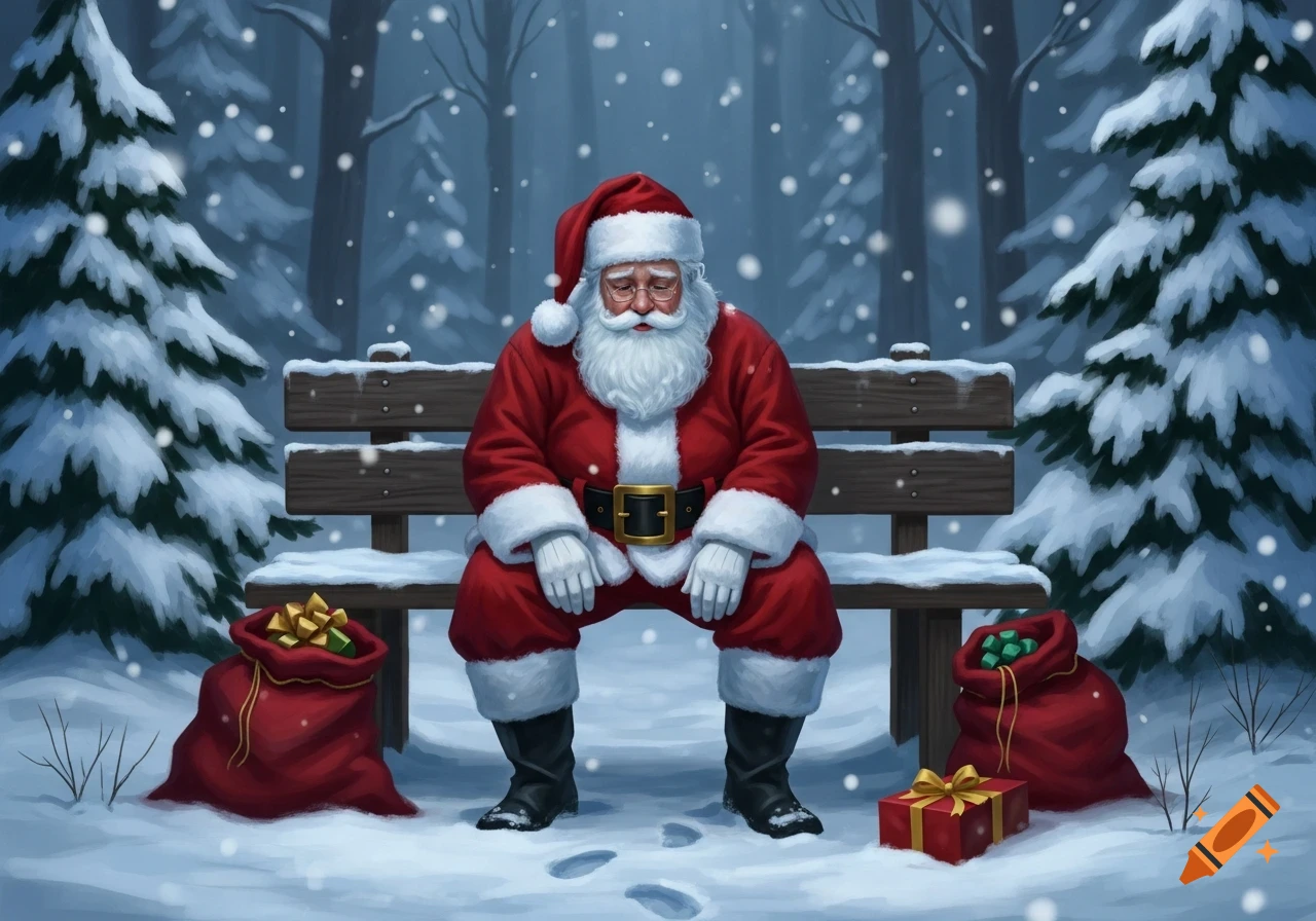 Sad Santa Claus sits on a snowy bench in a winter forest, surrounded by gift bags, as snow gently falls.