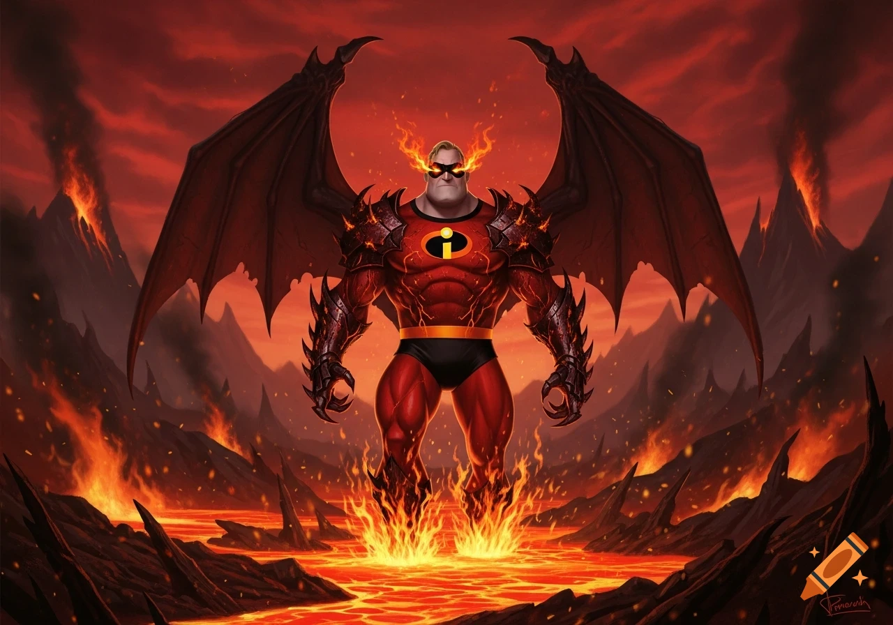 A demon-like Mr. Incredible with large wings, spiky armor, glowing eyes, and fire at his feet, standing in a hellish landscape with lava and volcanoes.