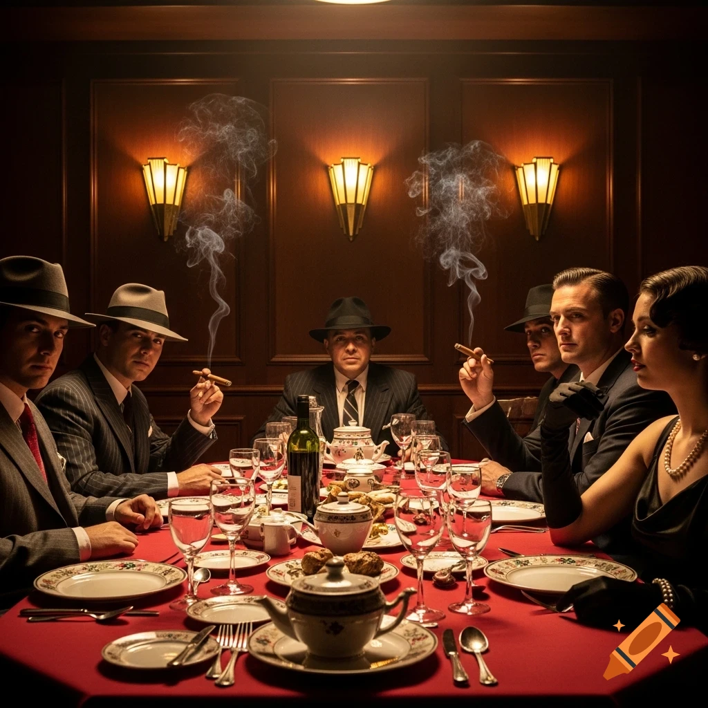A group of men in fedoras and suits, and one woman, sit around a candlelit table, some smoking cigars, in a dark, opulent 1930s-style room.